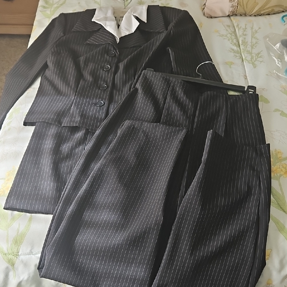 Women's Black Pinstripe 3 Piece Blazer Suit With Skirt And Pants